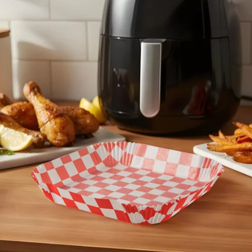 Bewello air fryer sütőpapír olaj nélküli sütőhöz, kockás, négyzet, 20 cm, 50 db/csomag