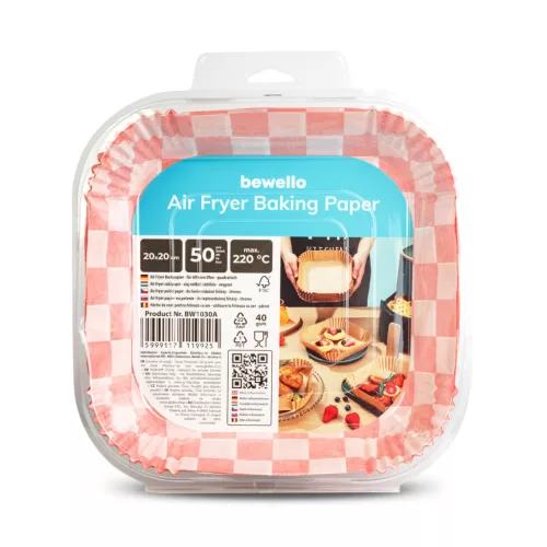 Bewello air fryer sütőpapír olaj nélküli sütőhöz, kockás, négyzet, 20 cm, 50 db/csomag