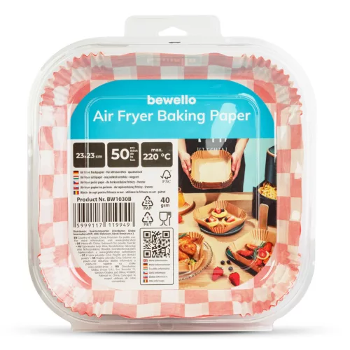 Bewello air fryer sütőpapír olaj nélküli sütőhöz, négyzet, 23 cm, 50 db/csomag