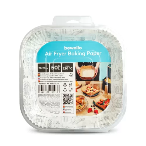 Bewello air fryer sütőpapír olaj nélküli sütőhöz, mintás, négyzet, 20 cm, 50 db/csomag