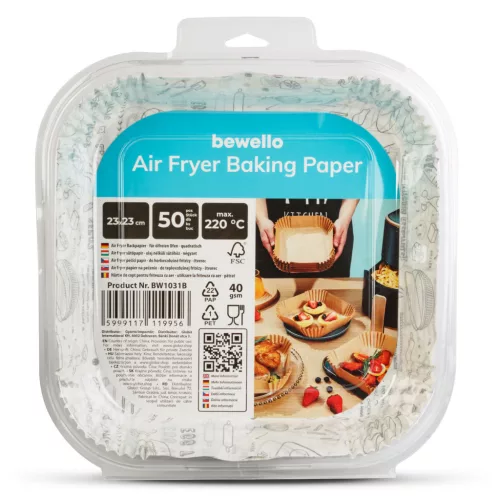 Bewello air fryer sütőpapír, mintás négyzet, 23 cm, 50 db/csomag