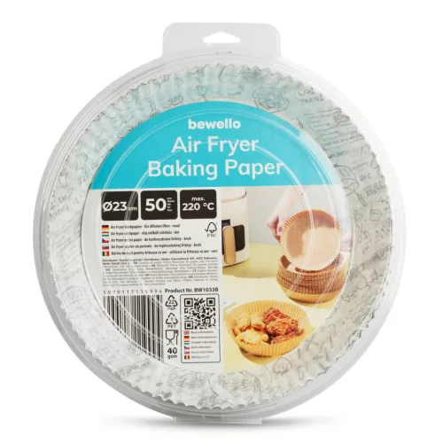 Bewello air fryer sütőpapír olaj nélküli sütőhöz, mintás, kör, 23 cm, 50 db/csomag