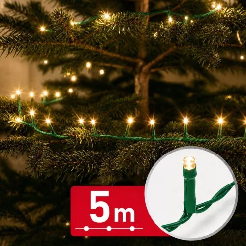 Phenom 5 m-es melegfehér 100 LED-es fényfüzér, zöld kábellel, 100-240V, 6W