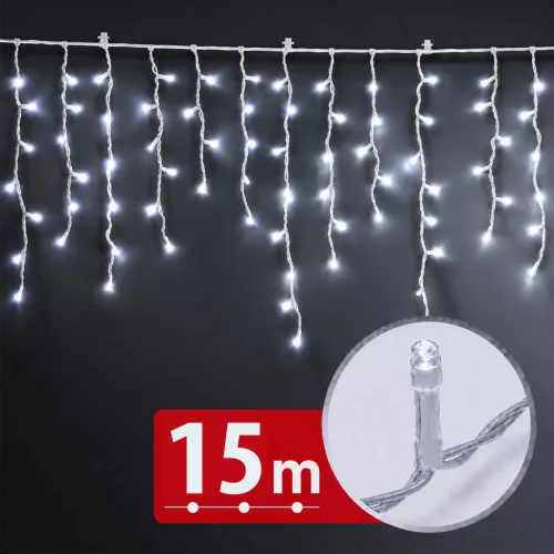 Phenom függöny fényfüzér, 15 m, 600 LED, hidegfehér, átlátszó kábellel