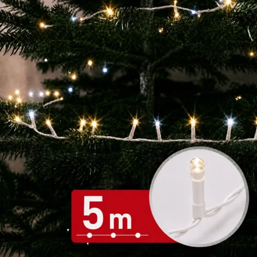 Phenom fényfüzér 5 m 200 melegfehér és 50 hidegfehér LED-del, fehér kábellel, 100-240V, 6W