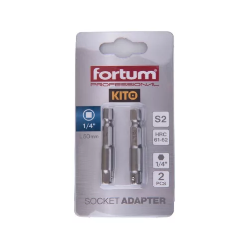 FORTUM adapter klt. 2 db, dugókulcsok gépi befogásához; S2 acél, 1/4, 50 mm, bliszteren