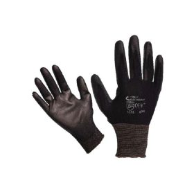   Kötött kesztyű fekete nylon, L-es méret 9', poliuretánba mártott teny. és ujjhegy., gumírozott mandzset