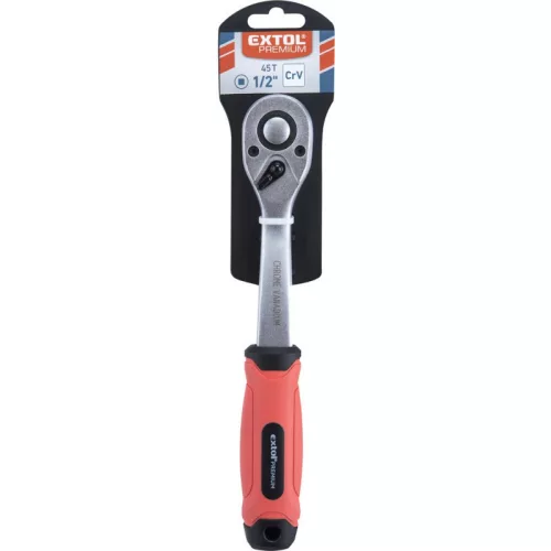 EXTOL PREMIUM racsnis hajtókar, CV., 45 fog, hajlított szár, csúszásgátló TPR markolat; 1/2', 253 mm