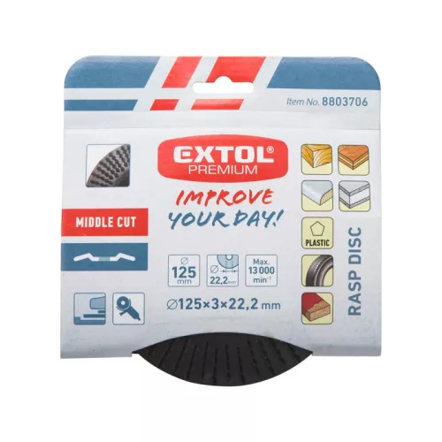 EXTOL PREMIUM faforgácsoló korong; max 13000 ford/perc, sarokcsiszolóhoz, fém, 125×22,2mm, fa csiszolásához, szakaszos használat