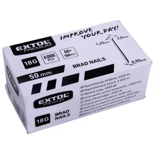 EXTOL PREMIUM szeg fejjel, 8891860 akkus tűzőgéphez 6000 db, 18G, szár.: 1,25×0,95 mm, fej: 2,0 mm, hossz.: 50 mm