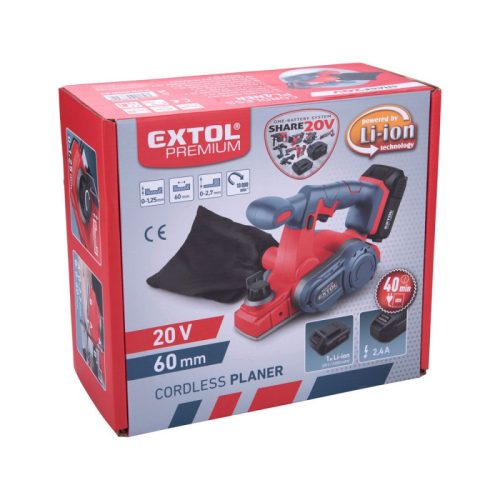 EXTOL PRMIUM akkus gyalugép, Share20V, 20V, Li-ion, 1db akku, 1db töltő, 2000 mAh, 10.000 ford/perc, kés: 60 mm, mélység: 0-1,25