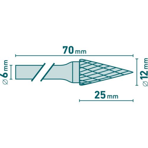 EXTOL INDUSTRIAL keményfém turbómaró (rotormaró), kúpos, hegyes orrú, 12×25mm átmérő/ 6mm szár, keresztfogazás