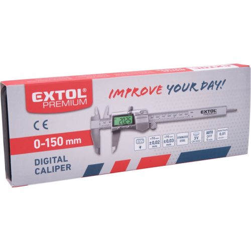 EXTOL PREMIUM digitális tolómérő; 0,01×150mm, kijelző háttérvilágítással, mélységmérővel, rozsdamentes acél, pontosság ±0,02/0,0