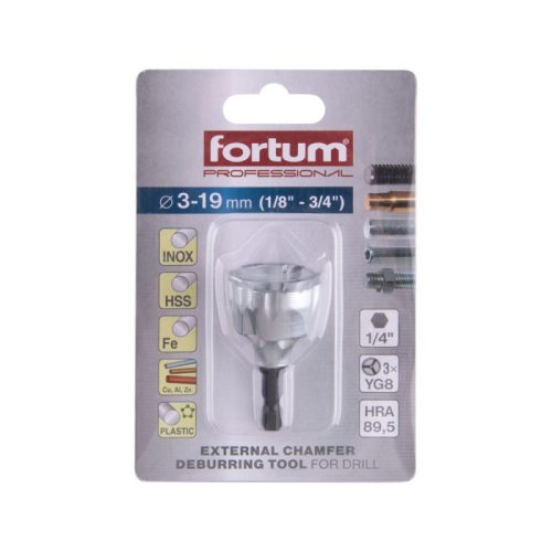 FORTUM sorjátlanító BIT (sorjázó adapter), 3-19mm, fúrógépbe fogható, 1/4'