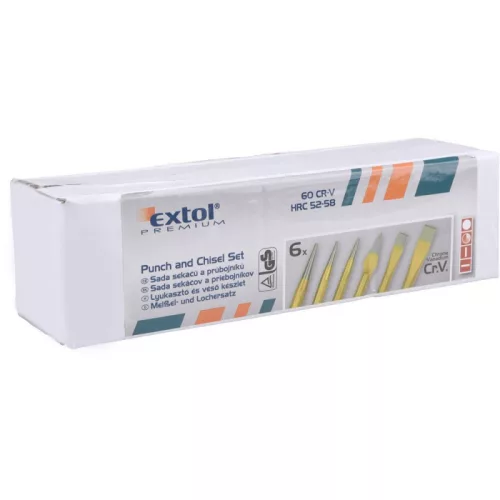 EXTOL PREMIUM lyukasztó, pontozó és véső klt. 6db CrV. HRC 52-58 ; 1db pontozó, 2 db lyukasztó, 3 db véső, hossz.:120-150mm