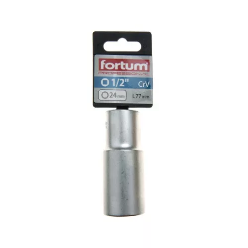 FORTUM hosszított dugófej 1/2", 24mm, 61CrV5, mattkróm, 77mm