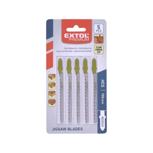 EXTOL PREMIUM dekopírfűrészlap 5db Bosch befogással, HCS, puhafához, egyenes és íves vágáshoz
