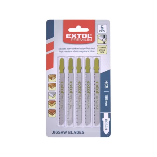 EXTOL PREMIUM dekopírlap 5db Bosch befogással, HCS, fordított fogazással, egyenes vágáshoz puhafához