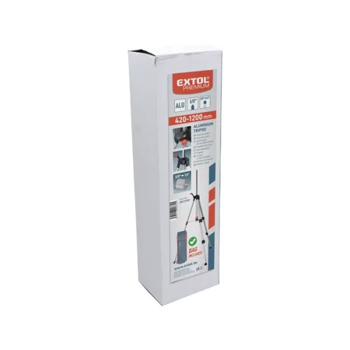 EXTOL PREMIUM alumínium háromlábú állvány lézeres vízszintezőhöz, 420-1200mm, 5/8"-1,4" csatlakozó