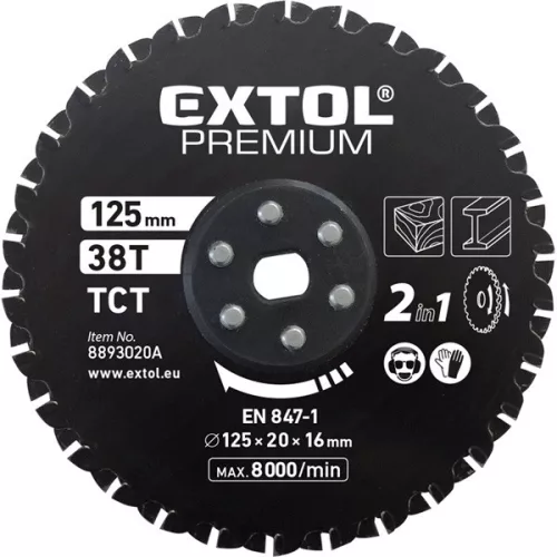 EXTOL PREMIUM keményfémlapkás fűrészlap 125×20×16mm 38T fémre és fára 8893020 vágógéphez