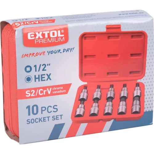 EXTOL PREMIUM bitdugófej készlet, 10db, imbusz, 1/2"×55mm, CrV/S2