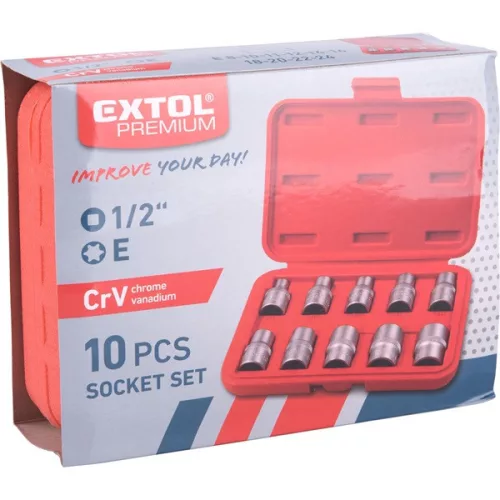 EXTOL PREMIUM belső TORX bitdugófej készlet 10db 1/2"×38mm CrV/S2 E8-10-11-12-14-16-18-20-22-24