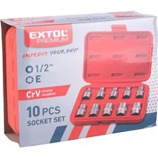 EXTOL PREMIUM belső TORX bitdugófej készlet 10db 1/2"×38mm CrV/S2 E8-10-11-12-14-16-18-20-22-24