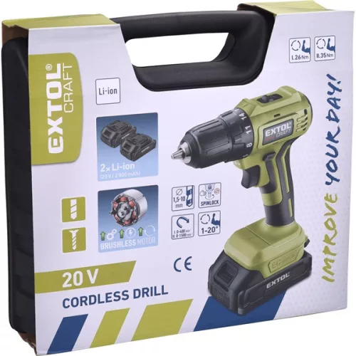 EXTOL CRAFT akkus fúrócsavarozó 20V, kefementes motorral, kofferban, 2db 2000 mAh akkuval+töltő