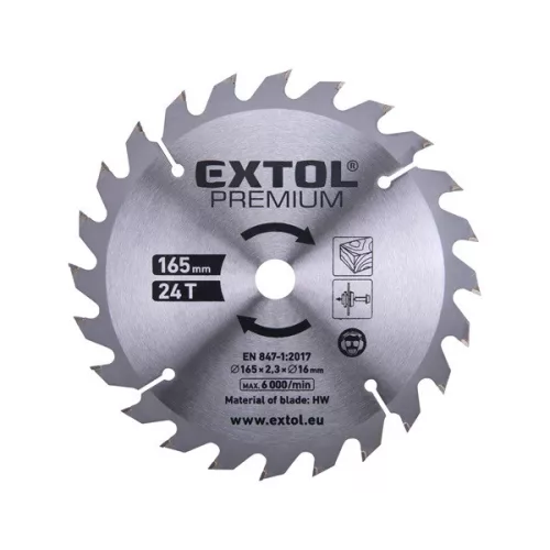 EXTOL PREMIUM tartalék körfűrészlap 8891822 géphez, keményfémlapkás, 165×2,3×16mm, 24T
