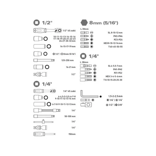 EXTOL PREMIUM dugókulcs készlet, racsnis 45fog, 1/4" és 1/2", 94db, 4-32mm, 32db bit, gyertyakulcs 16&21