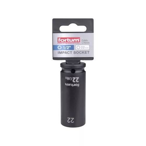 FORTUM gépi impakt dugófej 1/2", 22 mm, L 78 mm, feketített