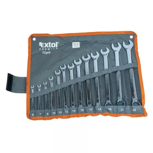 EXTOL PREMIUM csillag-villás kulcs készlet, hosszított, CrV, 13db, 6-22mm, vászon tartóban