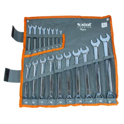 EXTOL PREMIUM csillag-villás kulcs készlet, hosszított, CrV, polírozott, 18db, 6-30mm, vászon tartóban