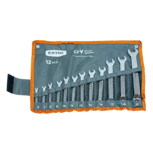 EXTOL PREMIUM csillag-villás kulcs készlet, hajlított, CrV, mattkróm, 12db, 6-22mm
