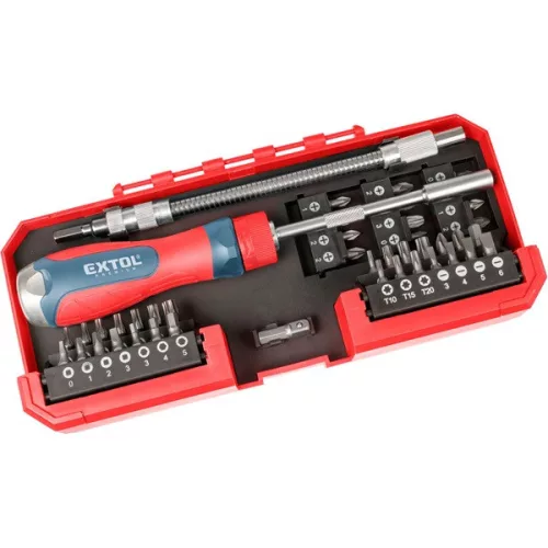 EXTOL PREMIUM racsnis csavarhúzó készlet 43 db 1/4" bitekkel Cr.V. acél