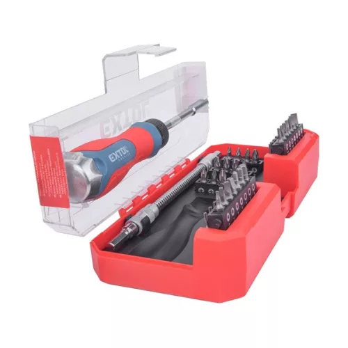 EXTOL PREMIUM racsnis csavarhúzó készlet 43 db 1/4" bitekkel Cr.V. acél