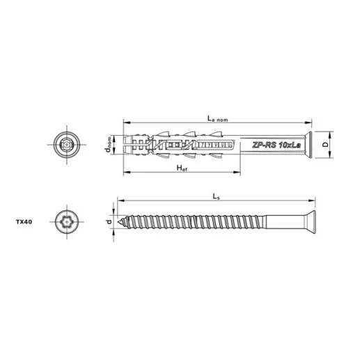 RS keretrögzítő dübel süllyesztett fejjel 10×180mm, 25db