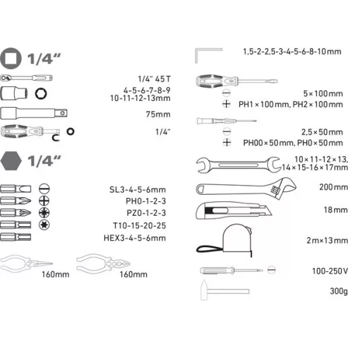 EXTOL CRAFT 59db-os szerszámkészlet 1/4" CV, 10 dugófej 4-13mm, racsnis kar, fogók, bitek
