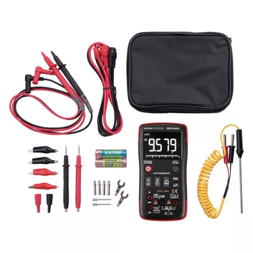 EXTOL PREMIUM digitális multiméter True RMS hangjelzővel, Amper/Volt/Ohm mérő, 2 db 1,5V AA elem