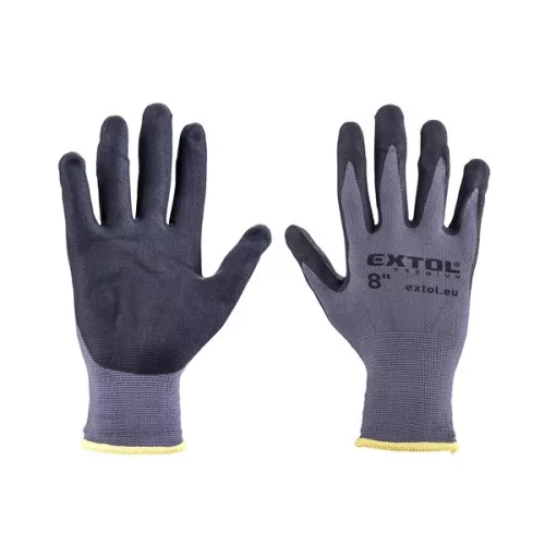 EXTOL PREMIUM varrat nélküli nylon-spandex kötött kesztyű, 8, nitrilbe mártott tenyér és ujjhegy