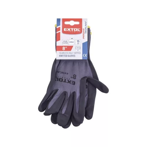 EXTOL PREMIUM varrat nélküli nylon-spandex kötött kesztyű, 8, nitrilbe mártott tenyér és ujjhegy