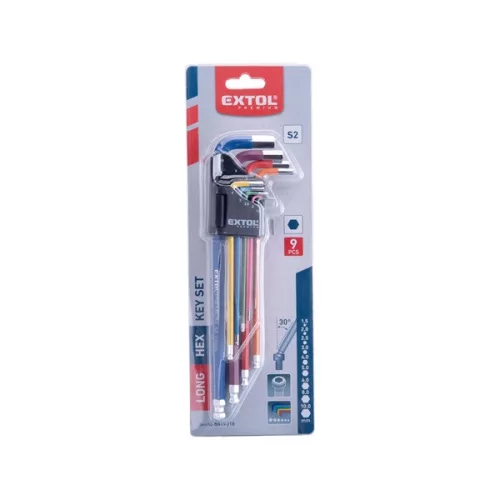 EXTOL PREMIUM imbuszkulcs készlet, 9 db, HEX, extra hosszú, gömbfejű, 1,5-10 mm, S2, krómozott