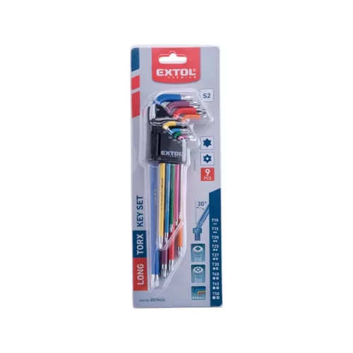 EXTOL PREMIUM Torx kulcs készlet 9db T10-T50 extra hosszú, krómozott, S2, több színű