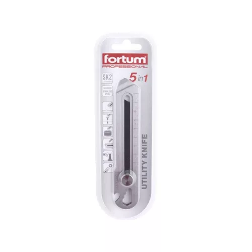 FORTUM 5 funkciós tapétavágó kés, rozsdamentes acél fémház, tripla vágóél, 18mm, csavaros rögzítés