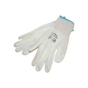  Kötött kesztyű fehér nylon, L-es méret, 9' poliuretánba mártott teny. és ujjhegy., gumírozott mandzsetta