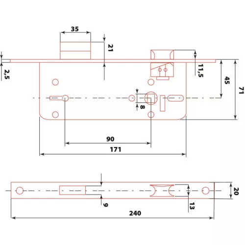 FLAME Beltéri bevésőzár, 45×90×20×7mm, 2 kulcsos, szögletes előlappal, Flame