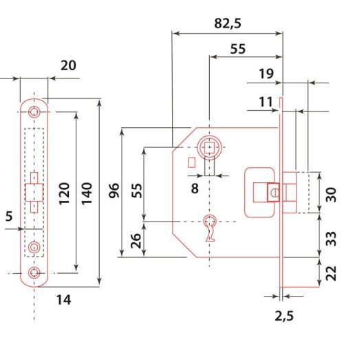 FLAME Bevésőzár, 55×55×20mm, 1 kulcsos, LŐVÉR típusú, Flame