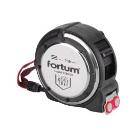   FORTUM mérőszalag, 1 stoppos, ütésálló, rozsdamentes acél ház, gumírozott; 5m×19mm nylon bevonatú szalag, mágneses vég FORTUM