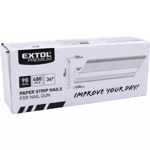 EXTOL PREMIUM szeg fejjel 8865042- és 8894580-hoz, gyűrűs, 480 db; szár átm:3,05mm, fej átm:7mm, hossz.:90mm, 40 db-onként papír