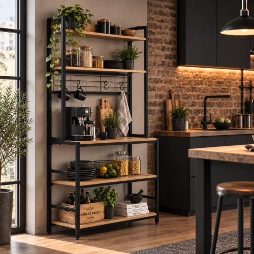 ModernHome konyhai polcos állvány 84 cm, 6 szintes, kampókkal, loft, világos tölgy